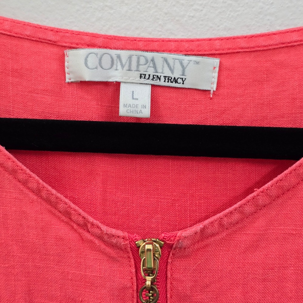 Company Ellen Tracy Coral Pink‎ Linen Half Zip Roll Tab Sleeve Tunic Top Large - Picture 5 of 6
